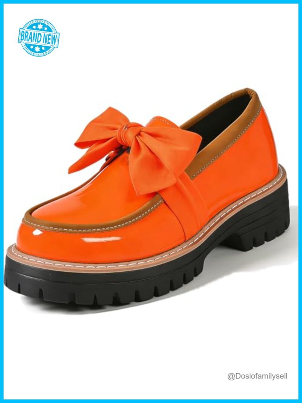 Patent Leather Platform Loafers with Bowknot Round Toe Chunky Lug Sole
